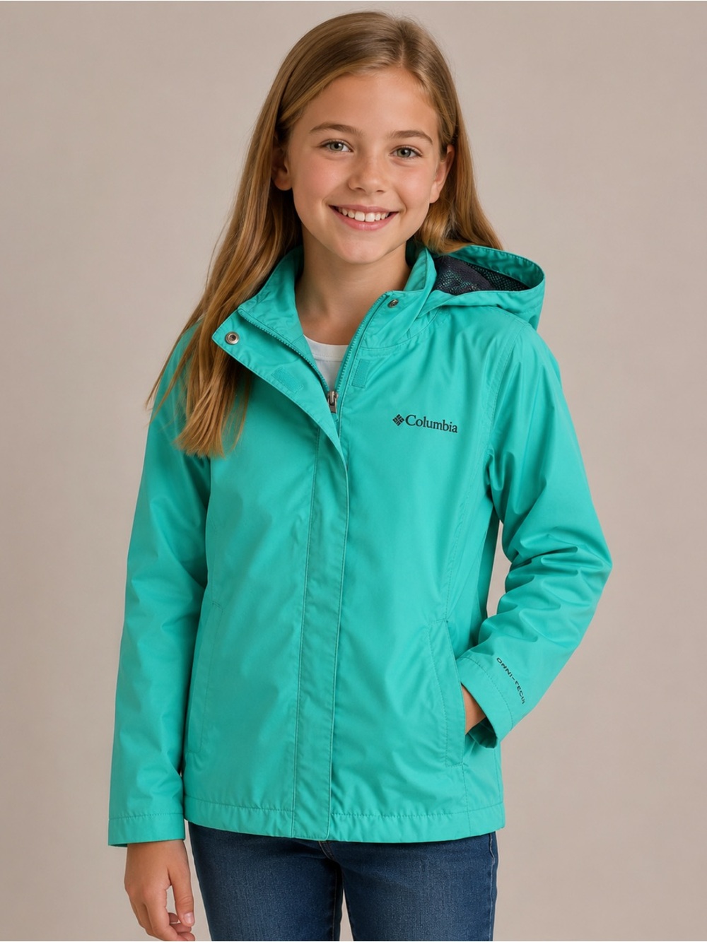 Columbia Girls Omnitech Hooded Rain Jacket Coat - Green (M 10/12)